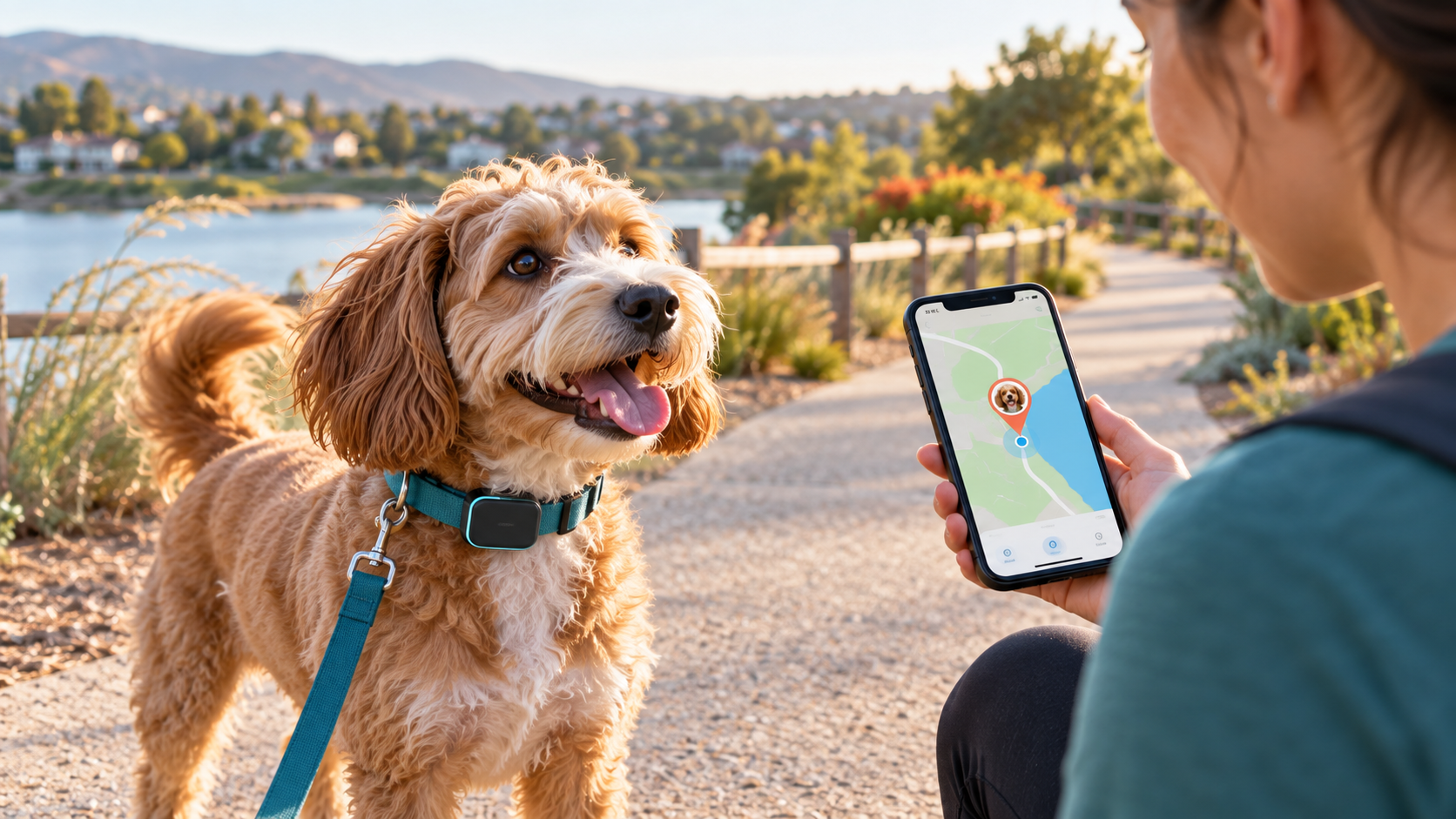 Dog with a compact GPS tracker beside an owner viewing a location map