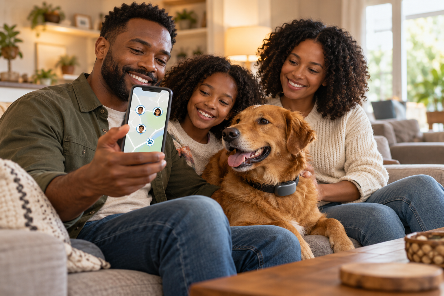 Family viewing people and pet locations together while sitting with their dog