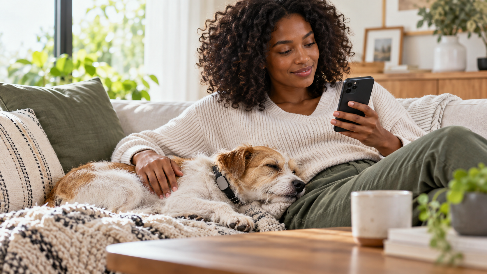 Woman checking wellness information while her small dog rests beside her