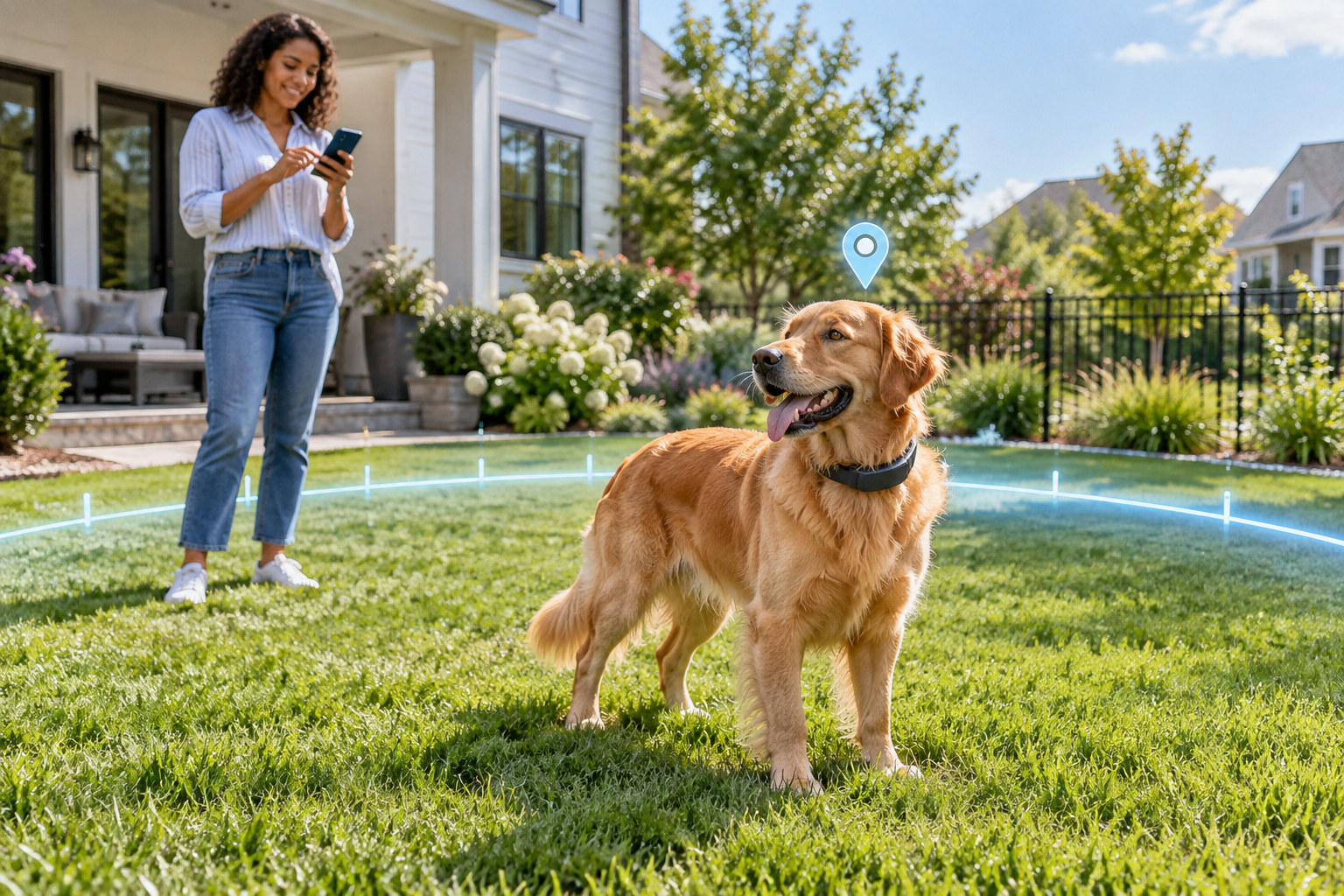 Dog standing safely in a suburban yard with an illustrated GPS fence