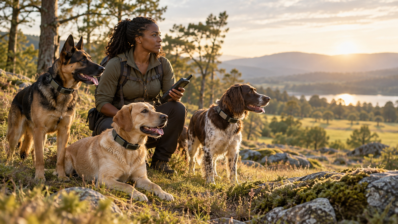 Outdoor handler using a tracking device with three working dogs