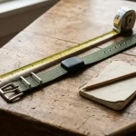 A smart GPS dog collar lying on a worn wooden table in soft window light, beside a small notebook with a pencil and a tape measure stretched along the collar strap, as if being checked