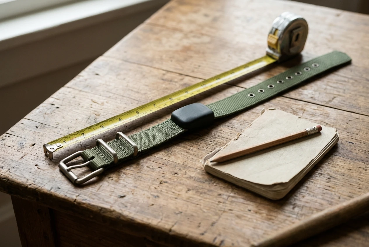 A smart GPS dog collar lying on a worn wooden table in soft window light, beside a small notebook with a pencil and a tape measure stretched along the collar strap, as if being checked