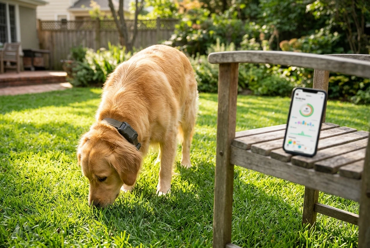 A golden retriever in a sunny backyard wearing an activity tracker collar, sniffing at the grass while a phone propped on a garden chair nearby shows a blurred app screen. Bright afternoon light, green lawn, relaxed everyday mood.