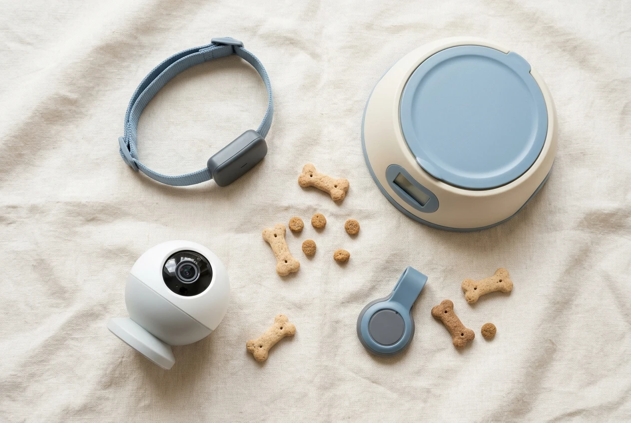 A tidy flat lay on a pale linen surface of pet gadgets: a smart collar, a compact automatic feeder bowl, a small pet camera and a clip-on tracker, with a few dog biscuits scattered between them. Soft overhead daylight, calm blue and cream palette.