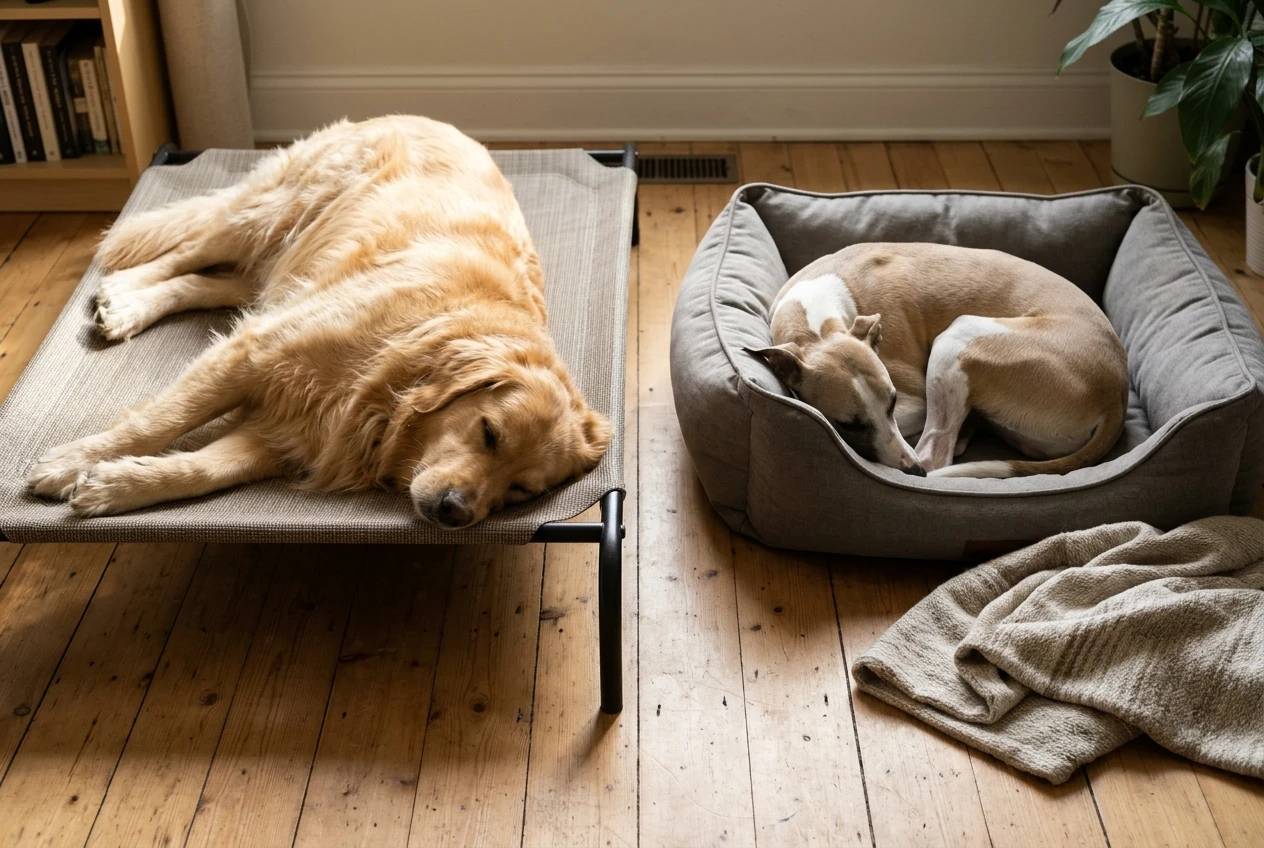 Side-by-side view of two pet beds on a wooden floor in soft morning light: a raised mesh cot with a thick-coated golden retriever stretched out on it, and a bolstered, cushioned bed